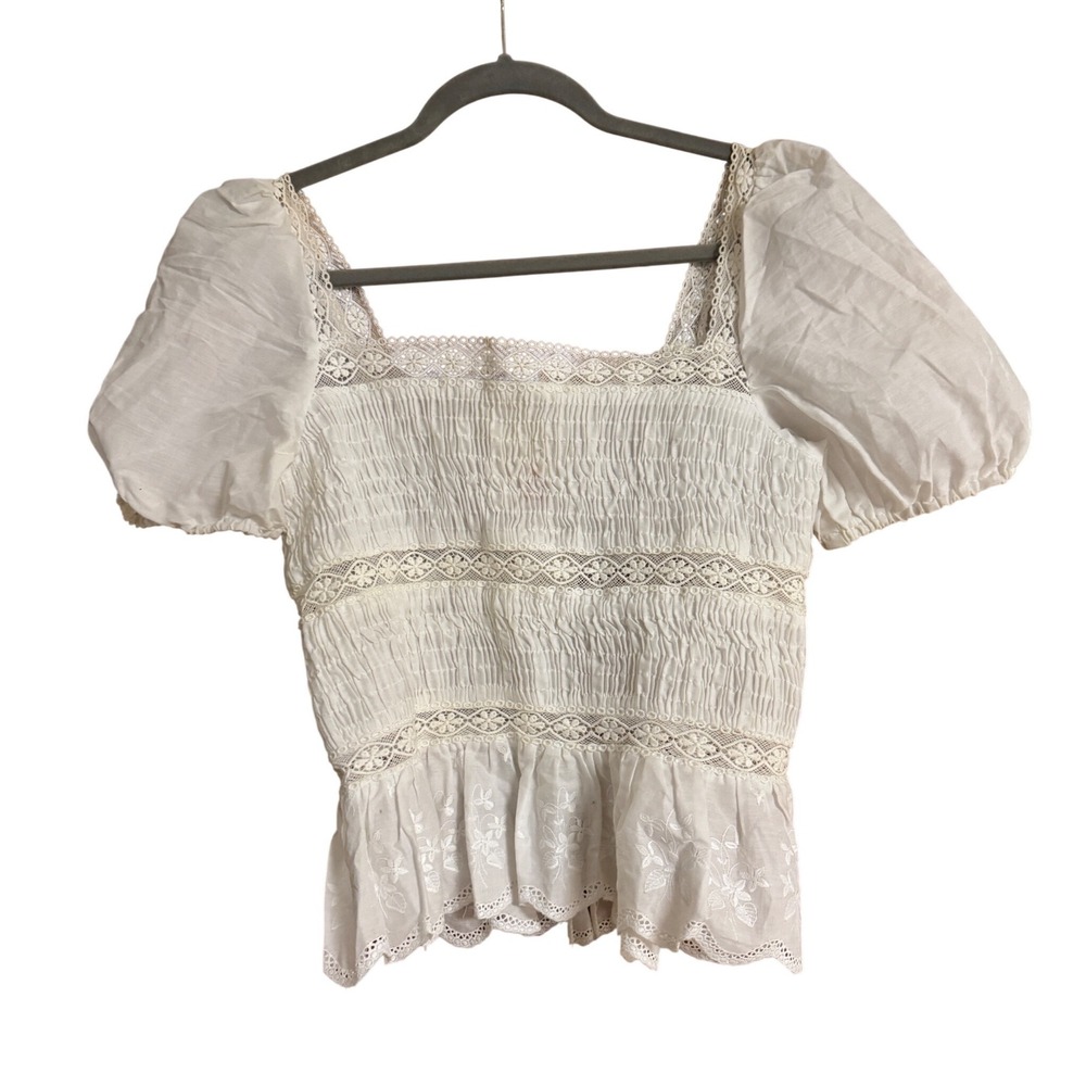 NOT FOR SALE White Cotton Smocked Puff Sleeve Eyelet Lace Peasant Blouse EU 40